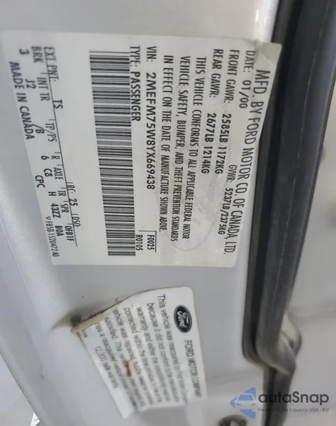 2000 Mercury Grand Marquis Ls from USA, damaged, VIN 2MEFM75W8YX669438